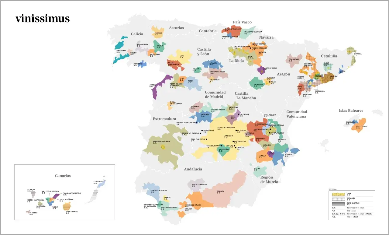 Mapa de las zonas vinícolas de España, mostrando Denominaciones de Origen y Vinos de Pago.