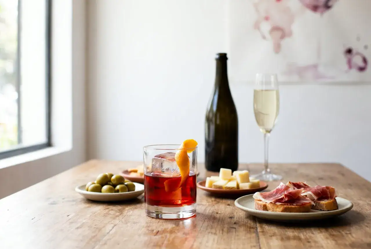 Un cóctel rojo con hielo y piel de naranja, acompañado de aceitunas, queso y pan con jamón. Ideal para clases de vermut.