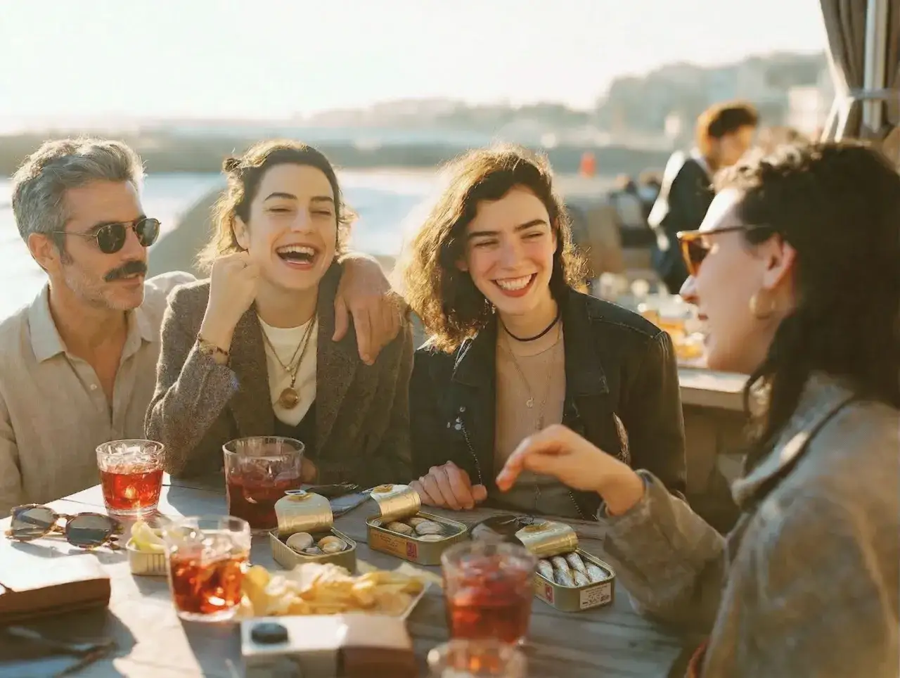 Una familia disfruta de un vermut en Espa&ntilde;a, con latas de conservas y patatas fritas sobre la mesa.
