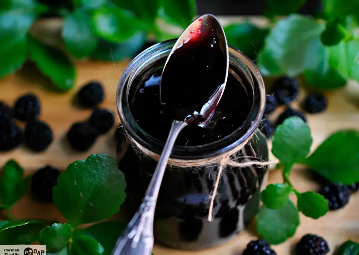Un tarro de mermelada de moras casera, lista para disfrutar. Aprende como hacer mermelada de moras con esta deliciosa preparaci&oacute;n.
