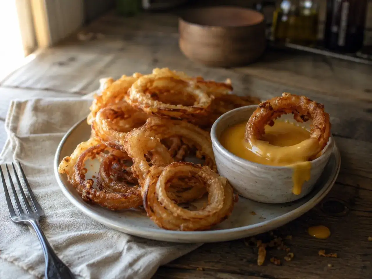 Crujientes aros de cebolla dorados, uno sumergido en una cremosa salsa de queso. &iexcl;Un bocado irresistible!