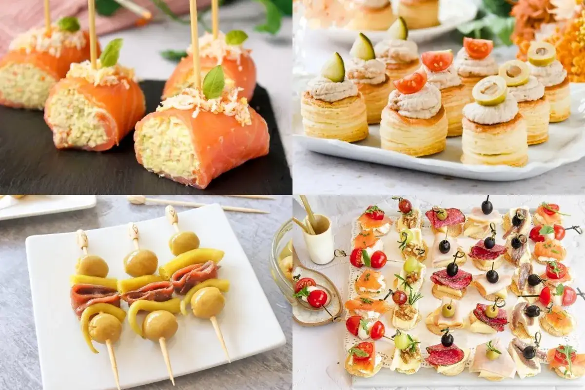 Un delicioso picoteo fr&iacute;o para cumplea&ntilde;os: rollitos de salm&oacute;n, volovanes rellenos, brochetas de aceitunas y tapas variadas.