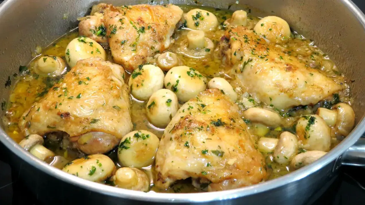 Pollo a la cerveza dorado y jugoso, con champi&ntilde;ones y perejil, cocin&aacute;ndose en una sart&eacute;n.