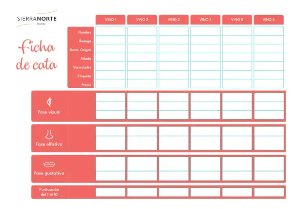 Ficha para una cata a ciegas de seis vinos, con secciones para fase visual, olfativa y gustativa, además de detalles del vino.