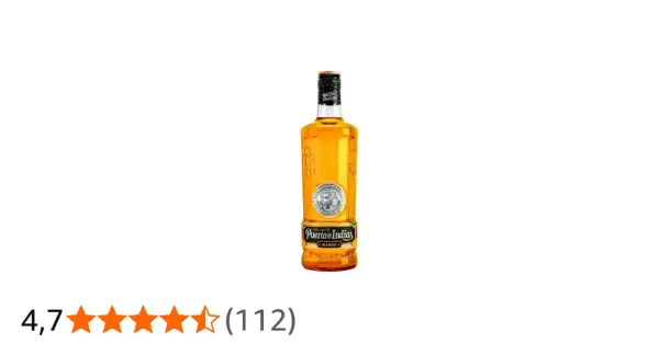 Botella de Puerto de Indias Mango, con su distintivo color ámbar. Ideal para cócteles refrescantes sin preocuparse por las calorías.