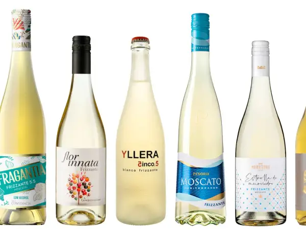 Seis botellas de vino blanco, algunas con etiquetas que indican que son frizzante, como Fragantia y Yllera Cinco.5.