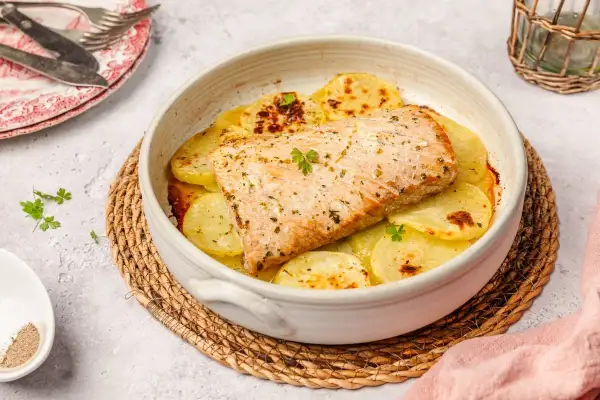 Deliciosa ventresca al horno con patatas doradas, un plato casero que invita a disfrutar.