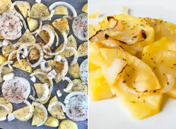 Patatas panaderas listas para hornear, cortadas y sazonadas, junto a una porción ya cocinada y dorada.