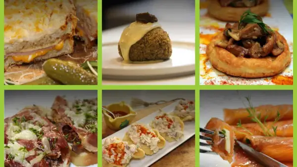Variedad de aperitivos baratos para mucha gente: sándwiches, croquetas, volovanes, montaditos y salmón ahumado.