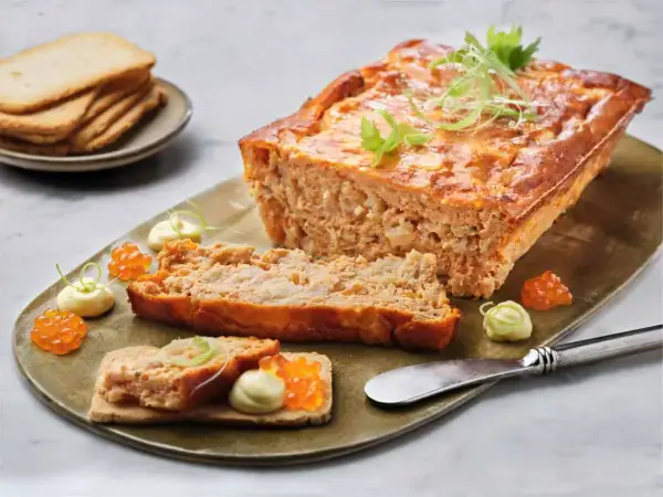 Delicioso pastel de cabracho, servido con tostadas, mayonesa y huevas de salmón.