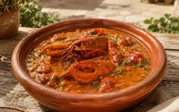 Caldereta de langosta servida en cazuela de barro, con trozos de langosta, arroz y perejil picado.
