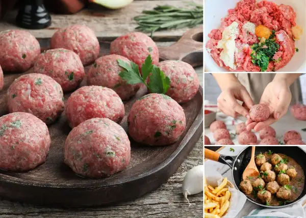 Albondigas con tomate listas para cocinar. Carne picada, huevo y perejil en un bol. Manos formando albóndigas. Sartén con albóndigas cocinadas.