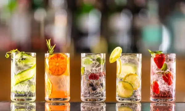 Cinco gin tonics refrescantes, cada uno con frutas y hierbas: pepino, naranja, frutos rojos, limón y fresas. ¡Una explosión de sabor!